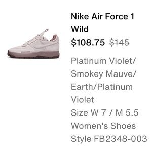 Nike Air Force 1 Size 7 Wild Platinum Violet/ Smokey Mauve/ Earth/Platinum/Vio